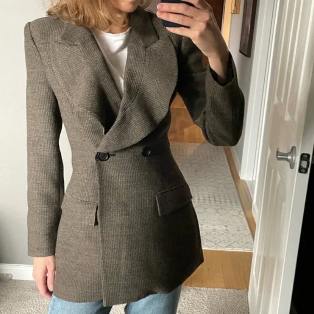 Acler Brown Wool Tweed Ruffle Lapel Tailored Blazer- Size AU10 US6